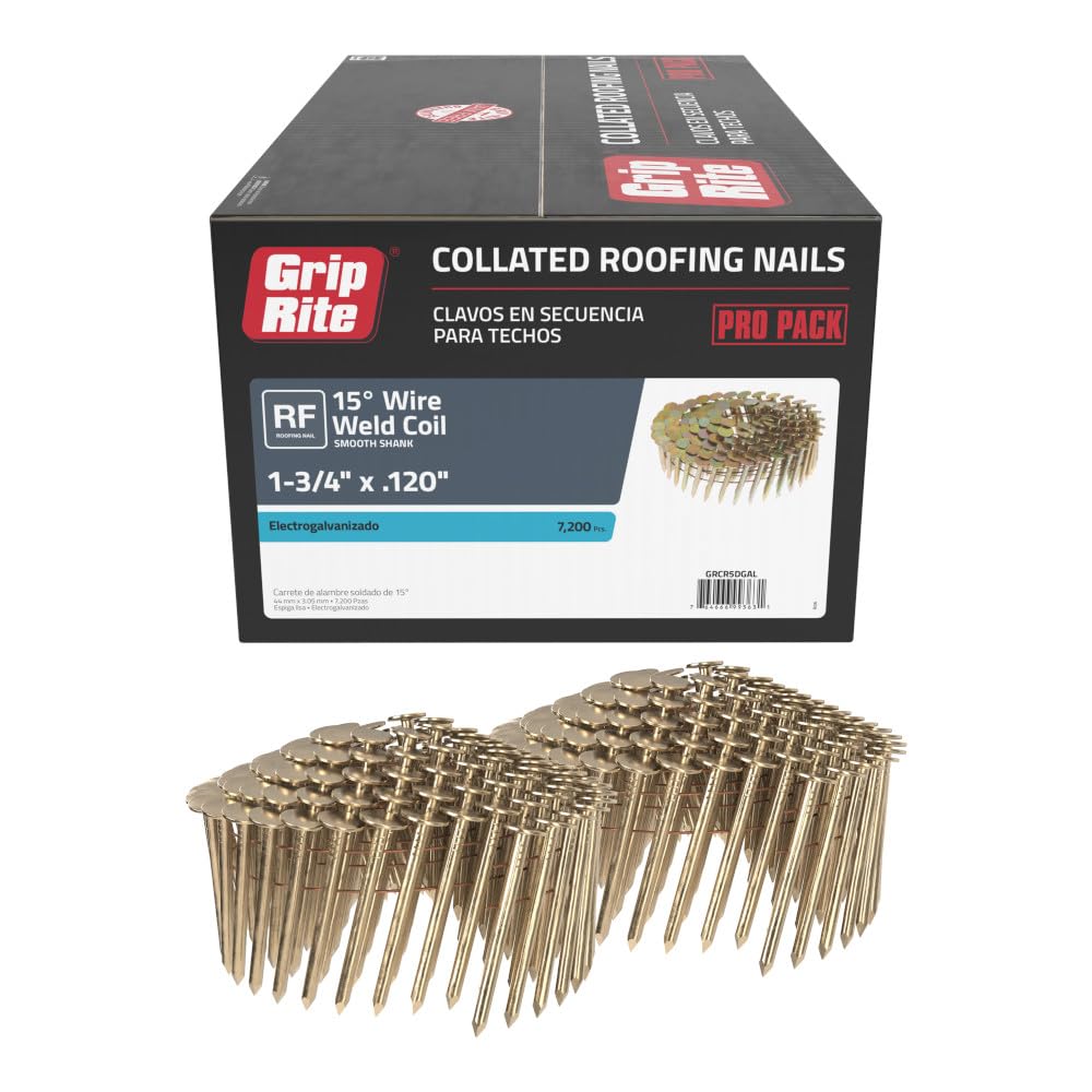 Grip-Rite 15 Degree Galvanized Roofing Nails - Secure Shingles to Wood Substrates - 1-3/4" - 7200 Count - GRCR5DGAL