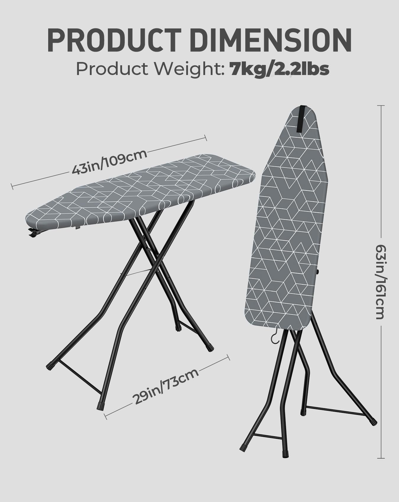 LyriFine Ironing Board, 2-in-1 Ironing and Steaming Board, Sturdy Steel Frame Iron Board with Non-Slip Feet, Heat Resistant Cover Iron Board, Foldable Compact Ironing Board with Hook, 14″ x 43″ Gray