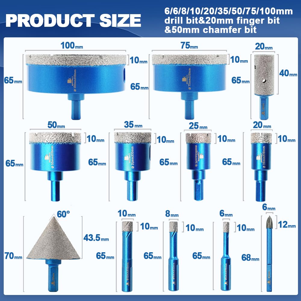 Diamond Core Drill Bit Set - BRSCHNITT Diamond Hole Saw Kit for Porcelain Tile Ceramic Marble Granite Drilling,Triangle Shank Drill（6+6/8/10/20/25/35/50/75/100mm&20finger bit&50chamfer bit）.