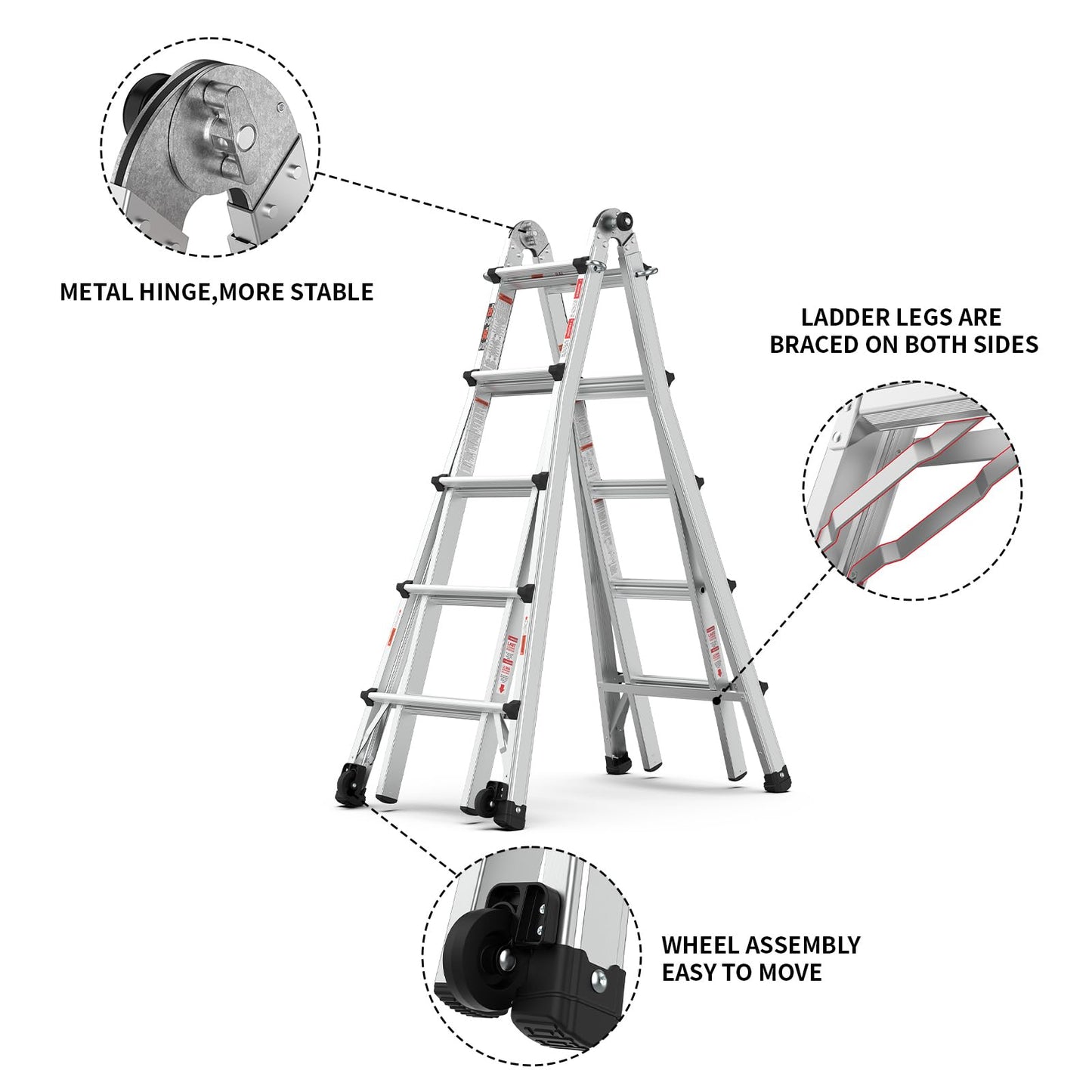22 FT Aluminum Multi-Position Foldable Ladder with Wheels, 5-in-1 Extension Ladder with Wide Anti-Slip Steps & Secure Hinge Locks for Home Indoor Outdoor Professional Use, 300 lbs Rated.
