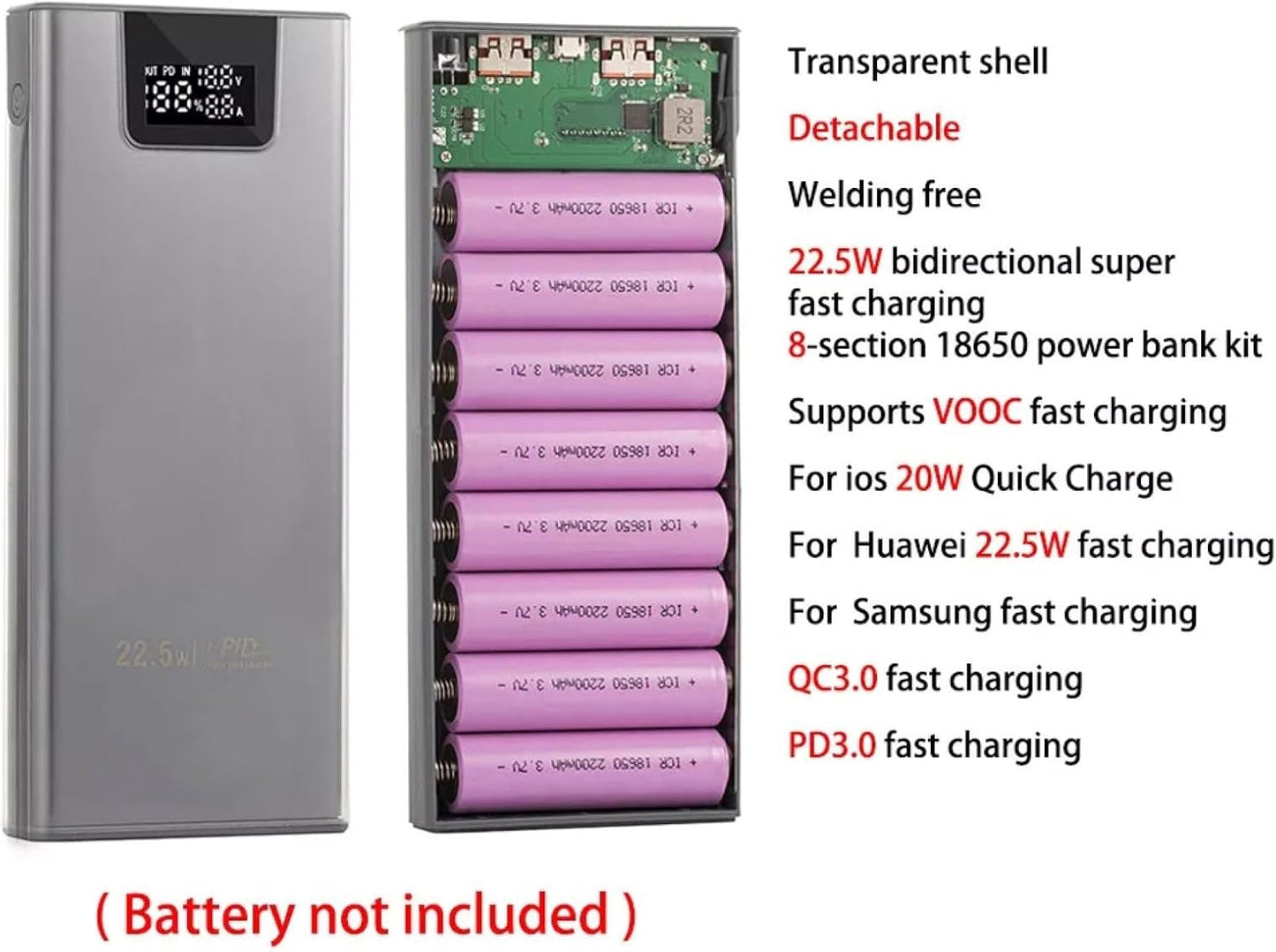 MOUDOAUER 8X 18650 Charging Bank Solder Free Kit, Plastic Power Bank Box DIY Charging Case Power Display Free Welding