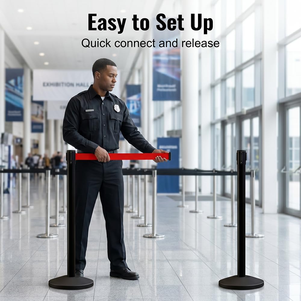 YIDELAI Crowd Control Stanchions Set of 4, Heavy Duty Black Queue Barrier Posts with Retractable Red Belt, Safety Barriers for Events, Retail, Bank, Airport, Theater