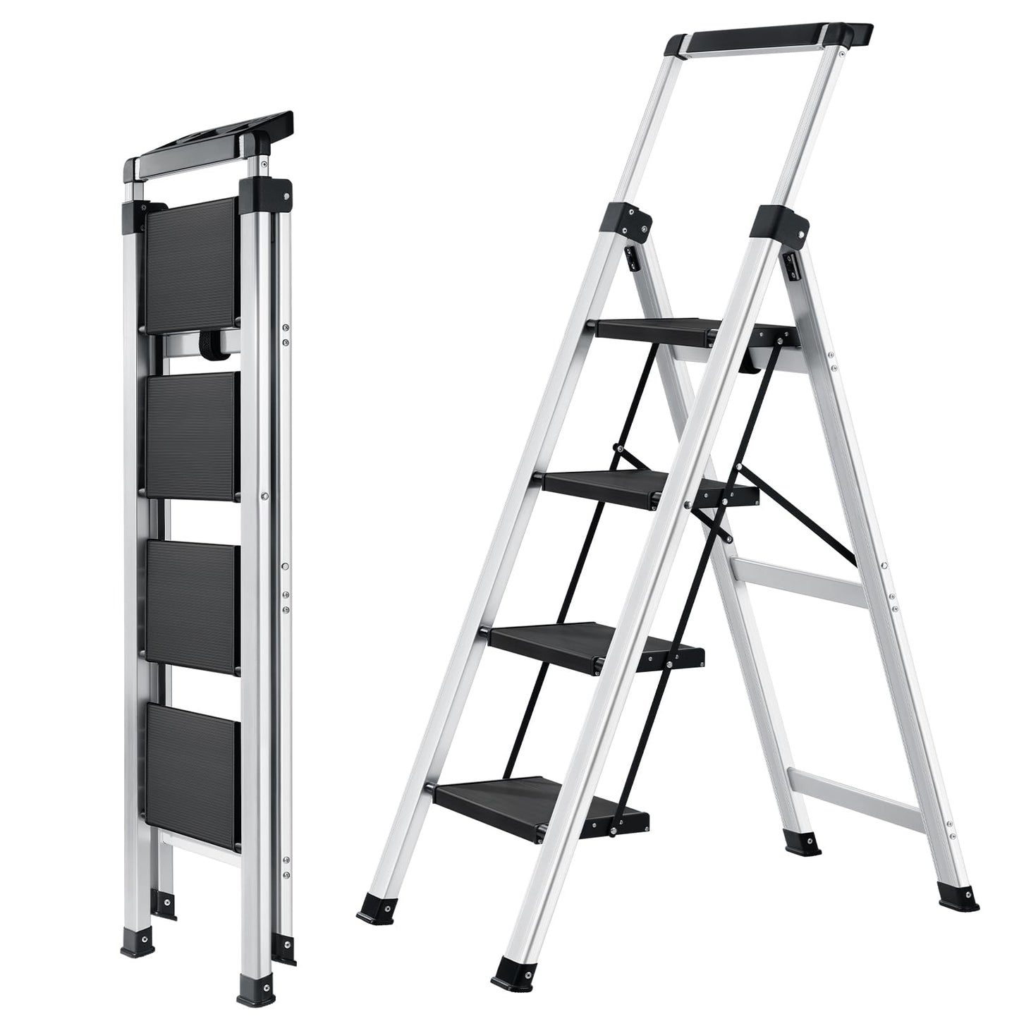 XinSunho 4 Step Ladder, Aluminum Folding Stool with Retractable Handrails & Tool Tray, Anti-Slip, Sturdy Lightweight, 330lbs Safety for Kitchen Indoor Outdoor