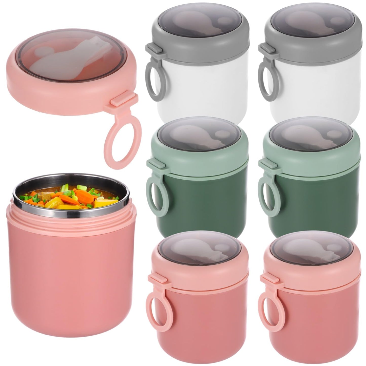 OMISTAR 6 Pcs Insulated Food Container Set with Folding Spoon, 17.9 oz Soup Thermal Cup, Stainless Steel Food Jar with Handle, Hot and Cold Food Container for School Office Picnic, Green, White, Pink