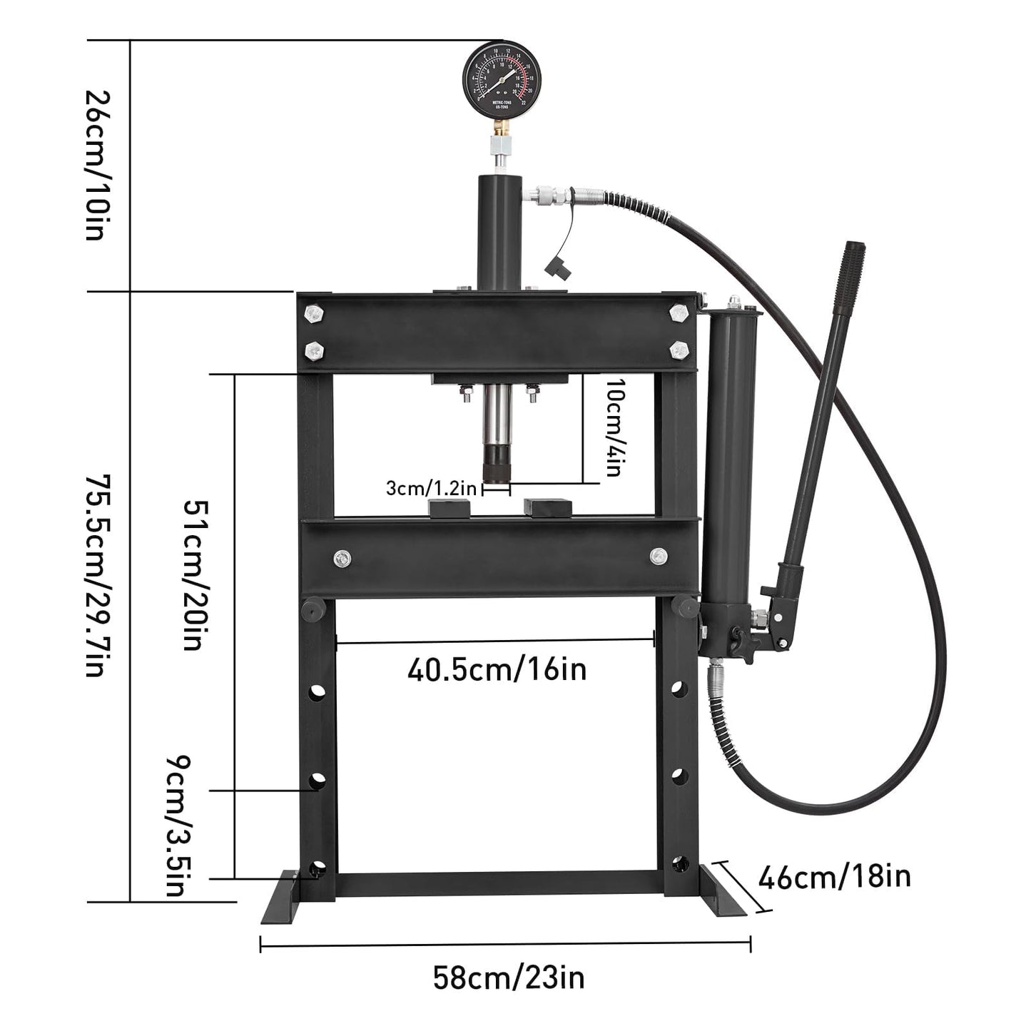 10 Ton Hydraulic Shop Press with Pressure Gauge & Plate, Heavy Duty H-Frame Benchtop Press with Height Adjustable Working Table for Auto Repair, Metalworking, Manufacturing, Black