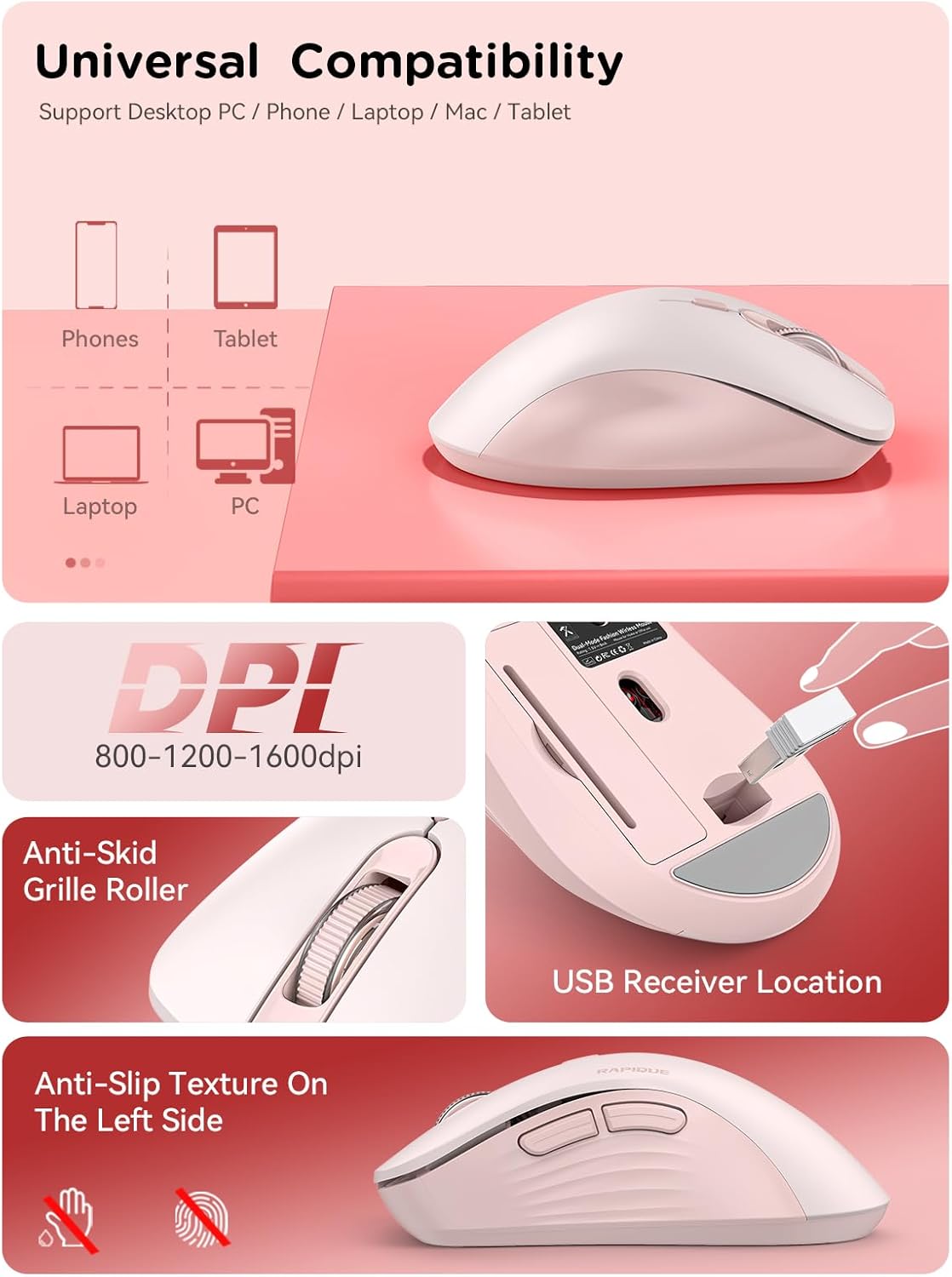 RAPIQUE 2.4 Bluetooth Wireless Mouse - Dual Bluetooth & GHz USB Receiver, Ergonomic Design, Quiet Clicks, Low Power