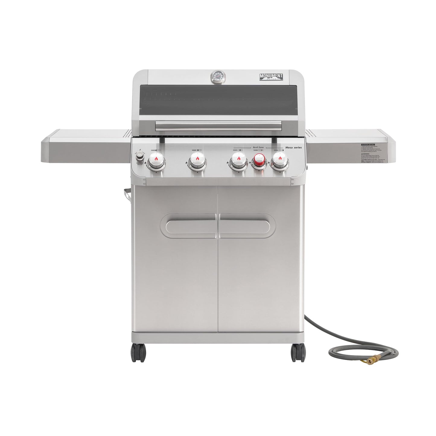 Monument Grills 4+1 Burner Natural Gas Grill with Natural Gas Hose, 50,000 BTU Stainless Steel Outdoor Patio Barbecue Grill, Broil Zone Fast Heating, Knob Lights, and Easy Cleanup, M415BZNG