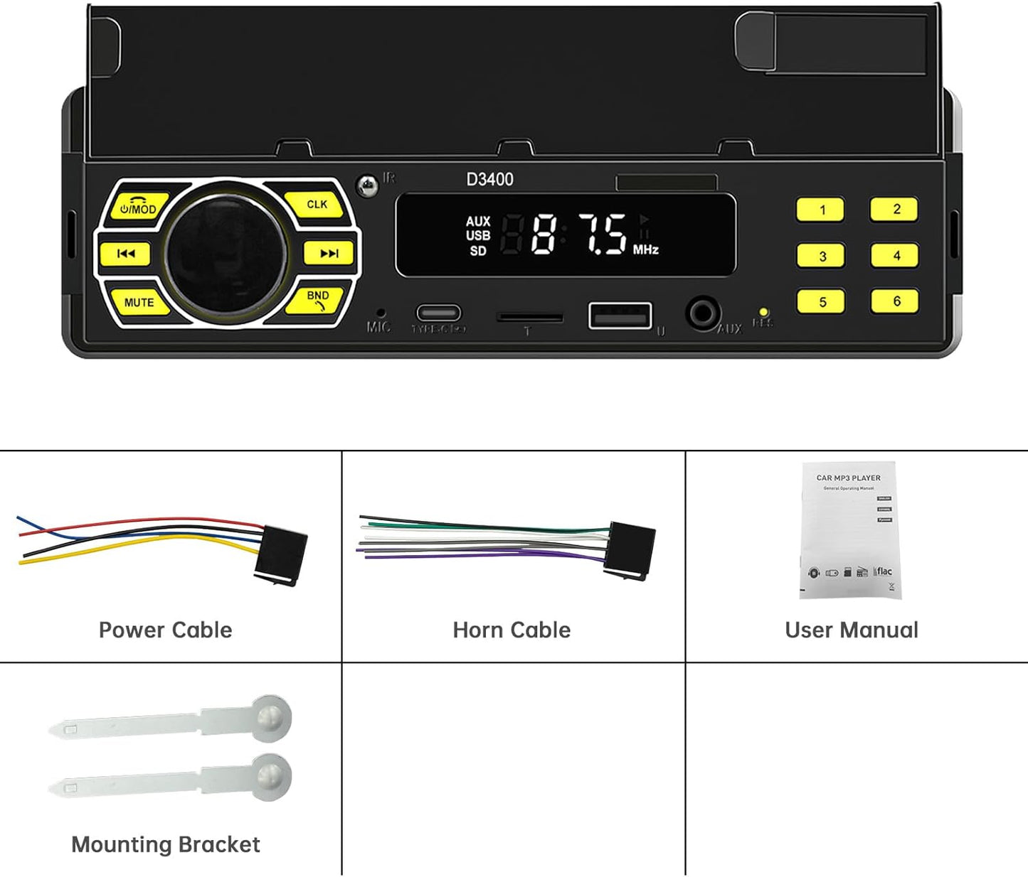 ePathChina MP3/SD/TF/AUX/USB/Remote/Type-C Car Audio Stereo, Single Din, Bluetooth, No CD DVD Player, FM Radio