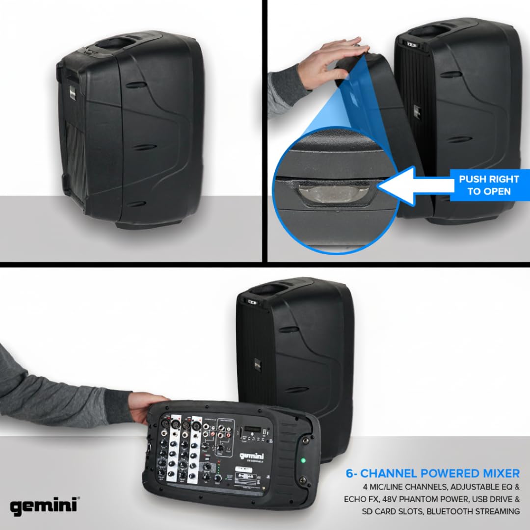 Gemini Portable PA System Bundle with Stands – 6-Channel Powered Mixer, Dual 10" Speakers, Wired Mic & Cables – Bluetooth Music Streaming for DJs, Karaoke & Small Events (ES-210MXBLU-ST)