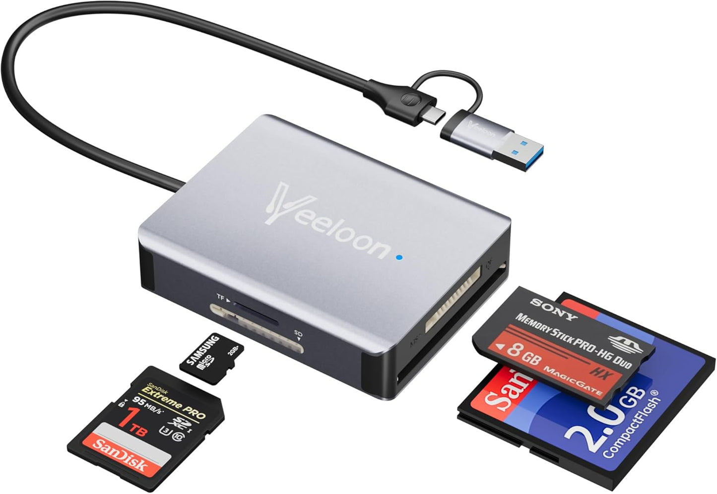 Veeloon 4-in-1 3.0 17/16, Multi OTG SD Card Reader, USB C USB Dual Connector Adapter Simultaneously Read SD MS CF TF