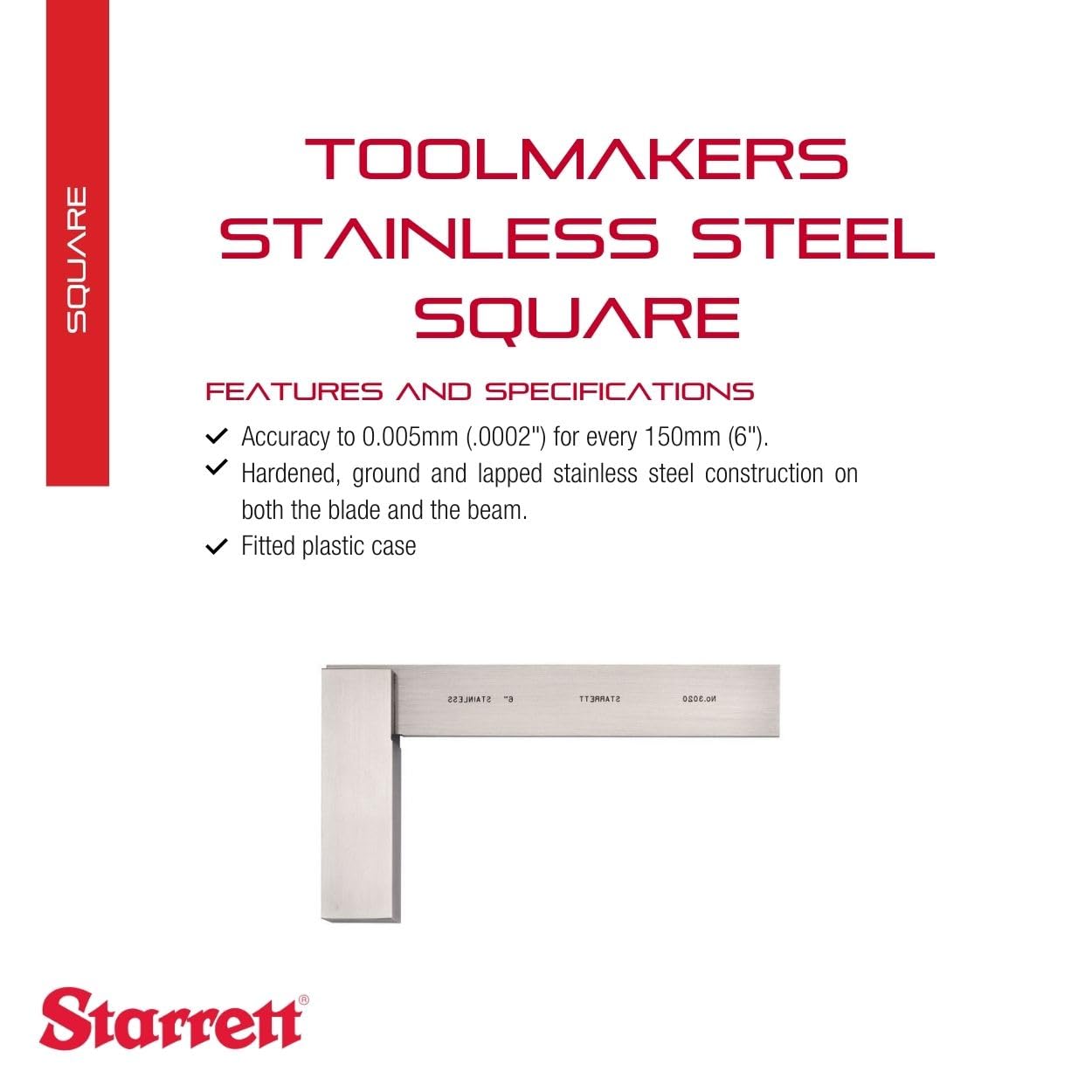 Starrett Toolmakers Stainless Steel Square with Fitted Plastic Case - Ideal for Professionals and DIY Home Improvement - 5-29/32" Blade Length, 3-29/32" Beam Length - 3020-6