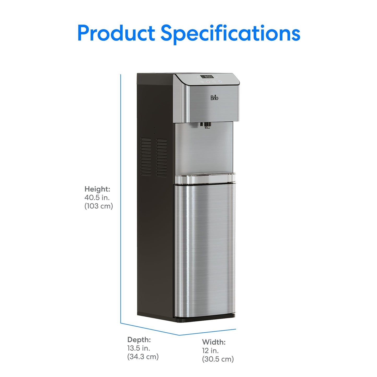 Brio Moderna Bottom Load Water Cooler Dispenser - Tri-Temp, Adjustable Temperature, Self-Cleaning, Touch Dispense, Child Safety Lock, Holds 3 or 5 Gallon Bottles, Digital Display and LED Light