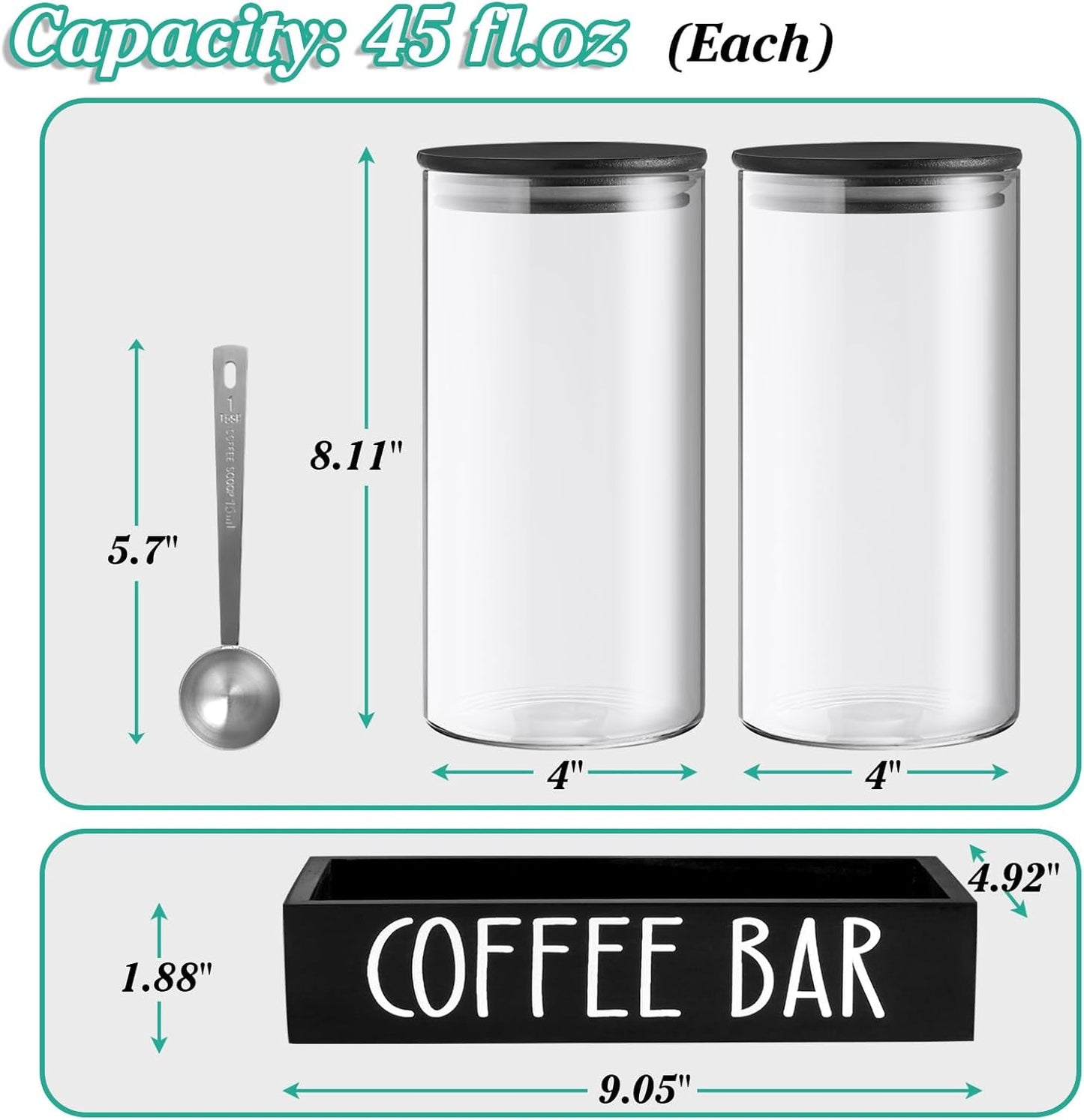 Skiennix Glass Coffee Canister Set - 2Pcs 45oz Airtight Containers with Bamboo Lids & Black Tray | Stylish Coffee Storage Jars for Home Decor