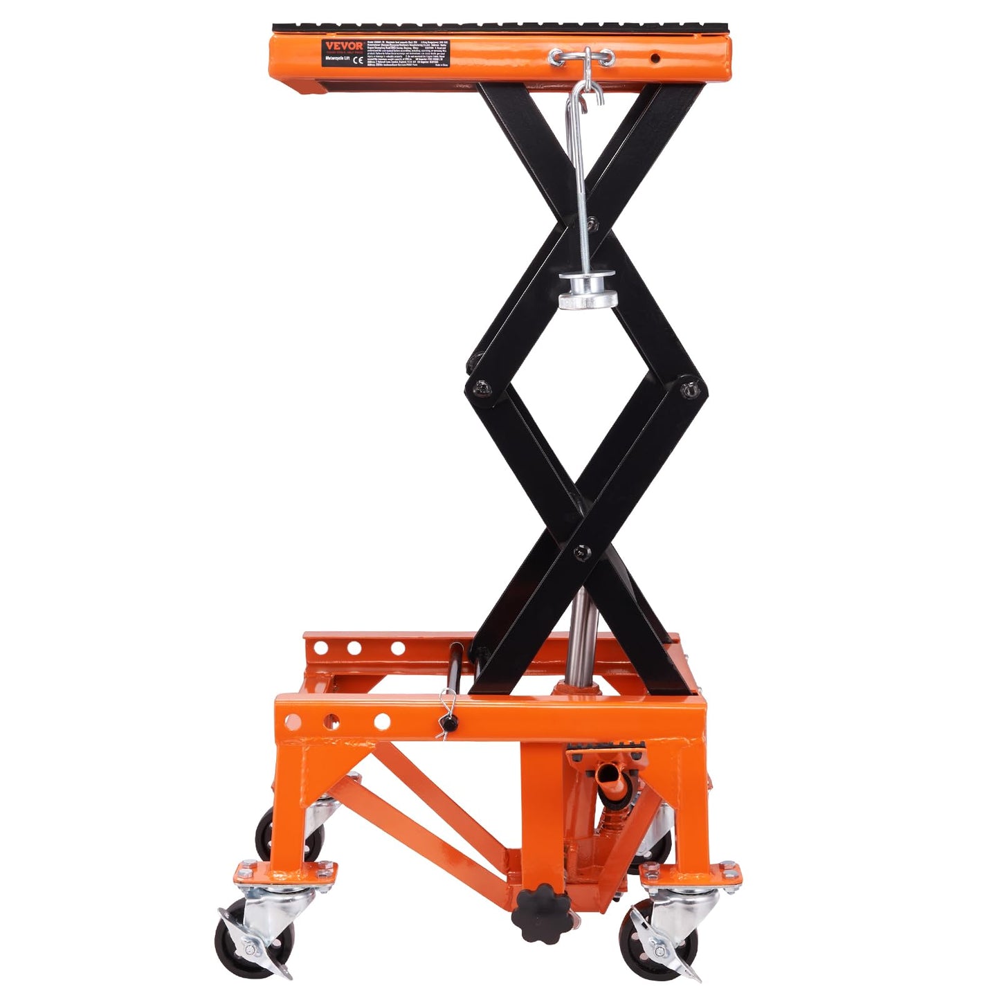 VEVOR Hydraulic Motorcycle Lift Table, 350 lbs Capacity Motorcycle Scissor Jack Lift with Wide Deck, J-Hooks, 4 Wheels, Hydraulic Foot-Operated Jack Stand for ATV Dirt Bikes
