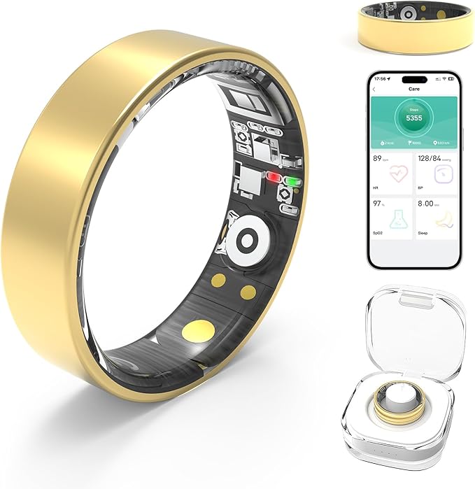 Smart Rings for Women Men,Fitness Tracker Ring,Heart Rate,Blood Oxygen,Blood Pressure,Step Tracker,Sleep Monitoring,No Subscription Fee,IP68 Waterproof Smart Ring for iPhone&Android(Gold 9)