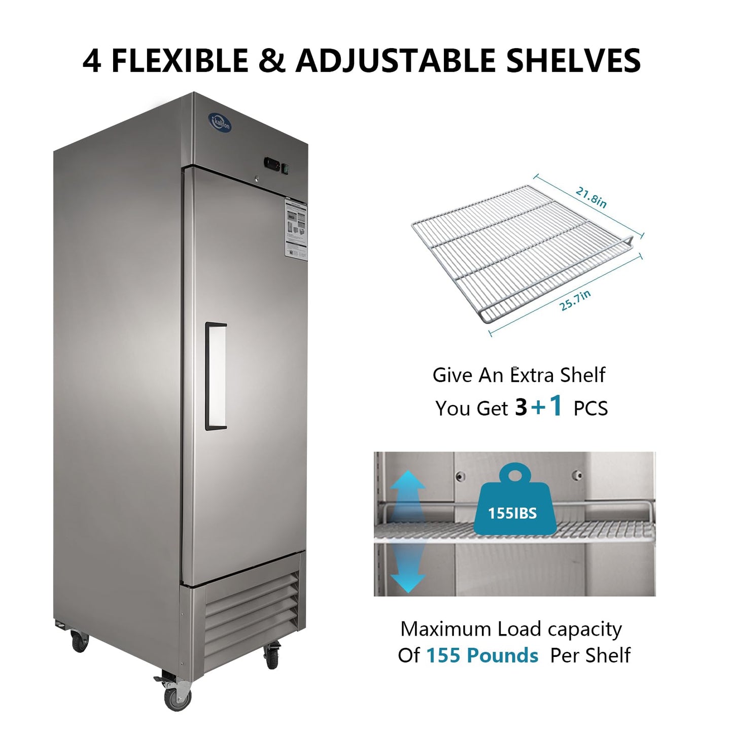 JINSONG 27" Commercial Freezer with Single Solid Door, 23 cu.ft Stainless Steel Reach-in Freezer for Restaurant, Bar, Shop, Residential, with 4 Shelves and 4 wheels