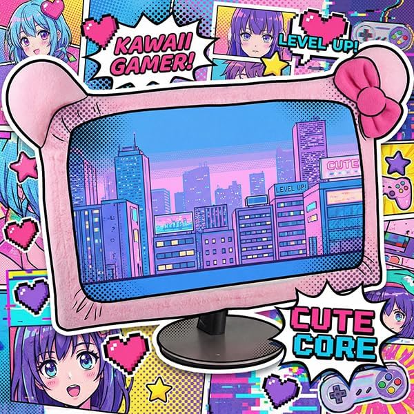 1 20-29 Inch Pcs Cute Cat Ear Computer Monitor Cover, Kawaii Pink Dustproof Screen Protector for Display, Soft Elastic