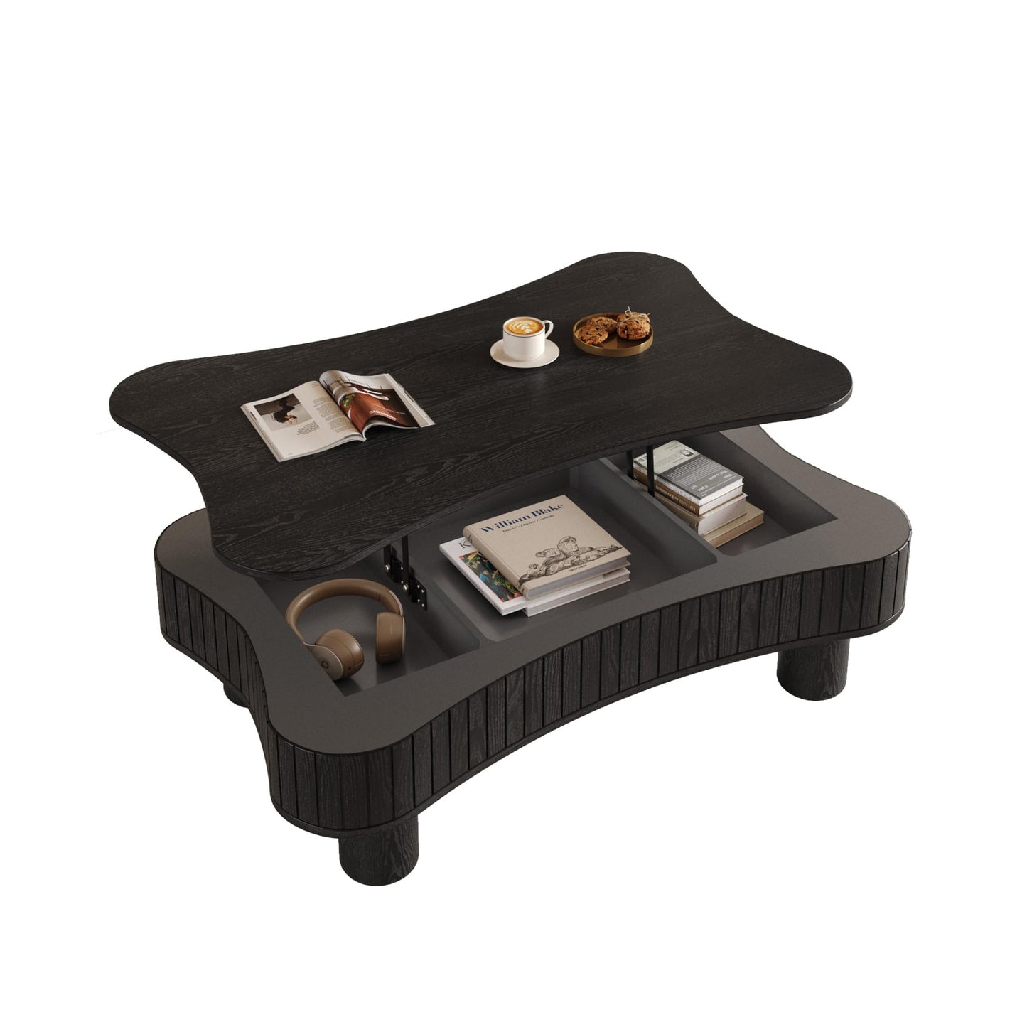 Zurnes Lift Top Coffee Table with Storage, 42" Accent Table for Living Room, Fluted Panel Hidden Storage, Silent Hydraulic Lift, Curved Corners, Easy Assembly, Black
