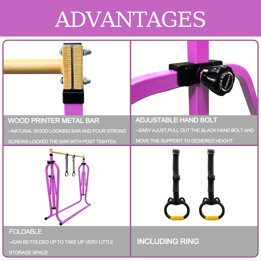 Peakpath Foldable Gymnastics Kip Bar with Mat and Ring Set,3' to 5' Height Adjustable,Kids Gymnastic Equipment for Ages 3-15,Indoor and Home Training- Max Load 350LBS