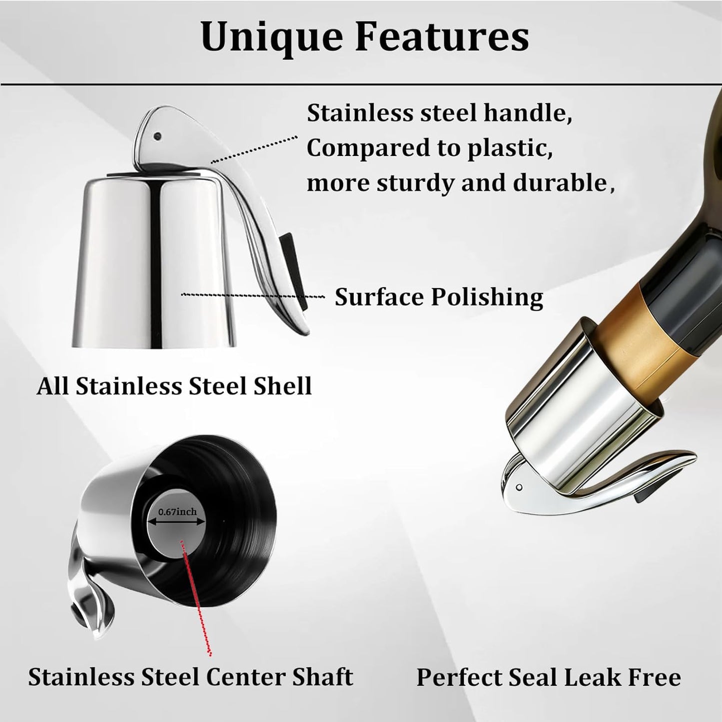 Pafusen Wine Stoppers Set of 4, Stainless Steel Wine Bottle Stopper with Silicone Seal, Reusable Wine Freshness Keep, Wine Saver Wine Bottle Sealer Stopper, Wine Accessories Gift (4 Pack, Silver)