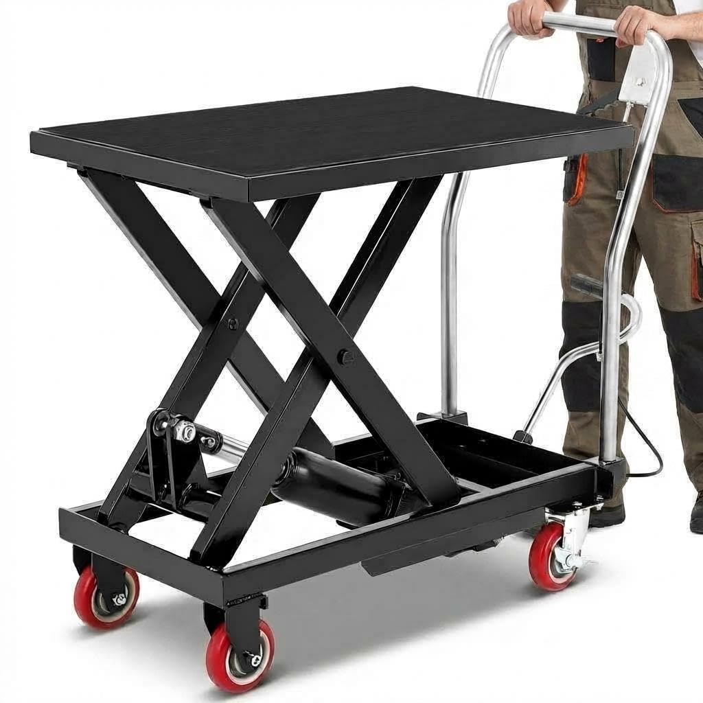 COZONY Heavy Duty Hydraulic Lift Table Cart – 330 lbs Capacity – Manual Single Scissor Platform – Adjustable Height 11-28.5 in – Non-Slip Platform – 4 Locking Wheels – For Workshop & Warehouse – Black
