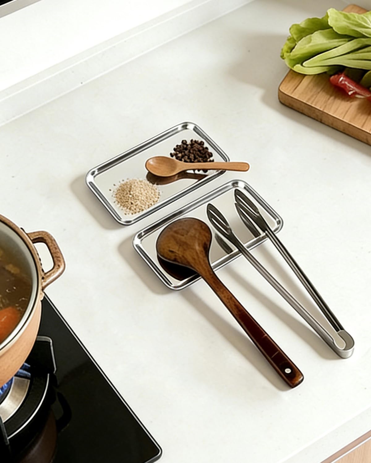 2 Pack Spoon Rest for Stove Top Kitchen Counter Stainless Steel Spoon Rest Coffee Spoon Holder Ladle Cooking Spatula Rest Heat-Resistant Drip Tray Dishwasher Safe Home Cooks Gifts 7.08in. x3.93in.