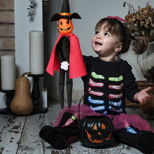 DANONI Halloween Pumpkin Elf Doll - Handmade Toy with Black Hat & Cape for Autumn Decor (Red)