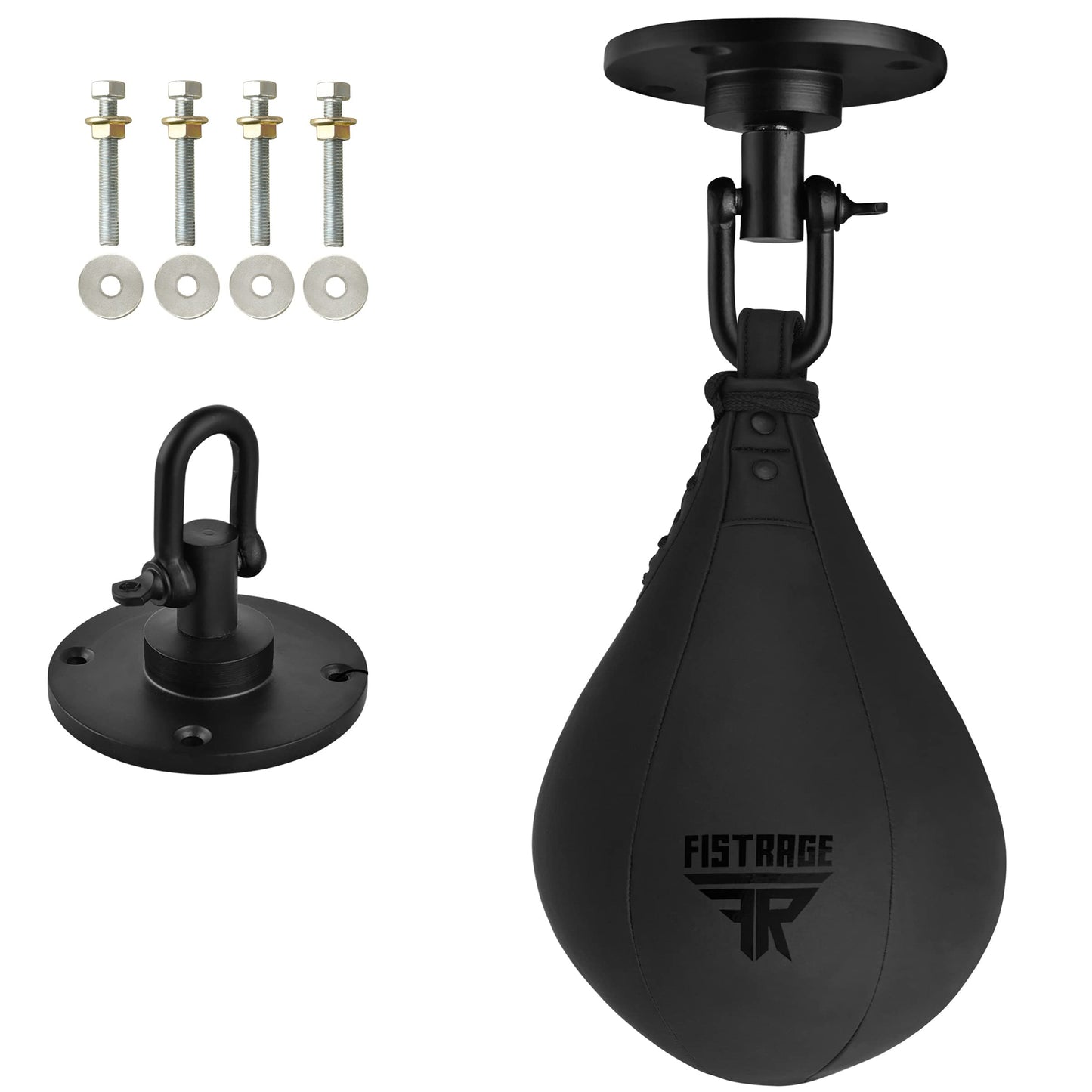FISTRAGE Speed Ball Boxing Leather MMA Muay Thai Training Punching Dodge Striking Bag Kit Hanging Swivel Workout Speedball Kicking Platform (Black)