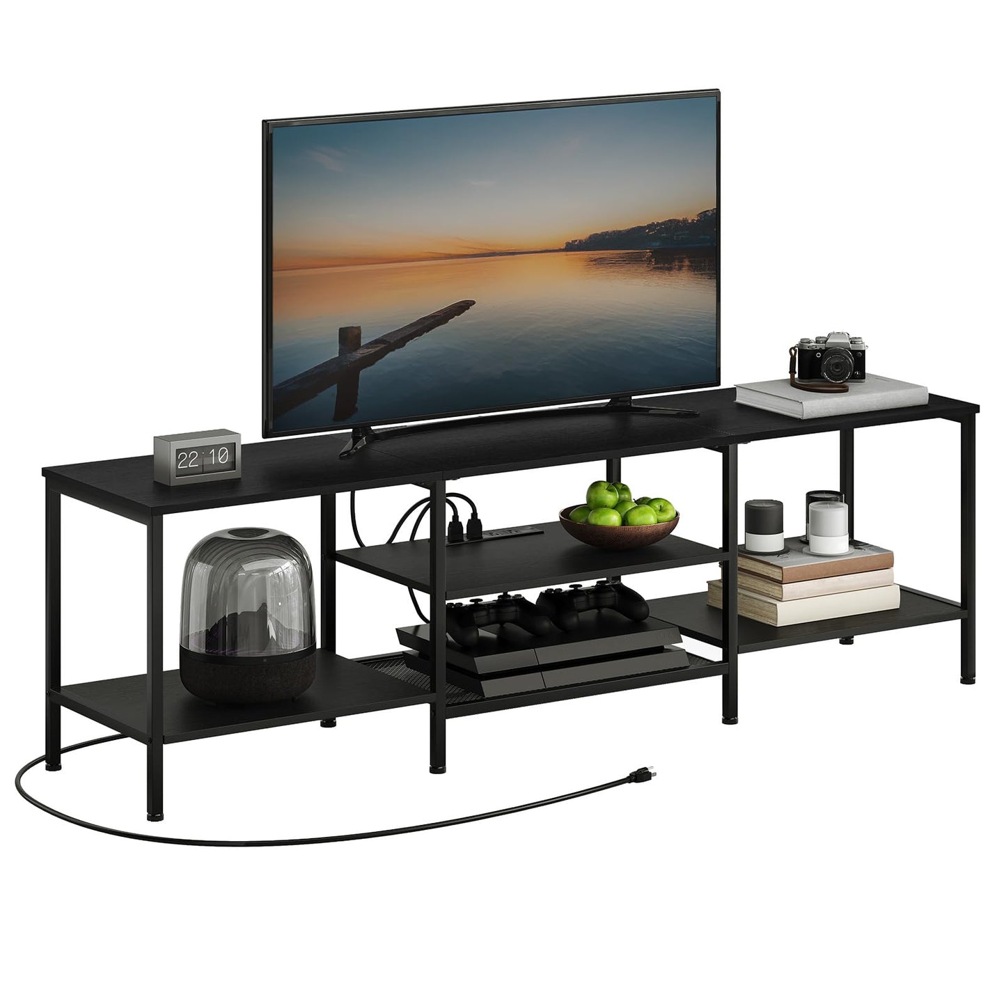 HOOBRO TV Stand with Power Outlets to 75 Inches, TV Console Table with Open Storage Shelves Cabinet, Industrial Media Entertainment Center for Living Room Bedroom, Black BB80DS01
