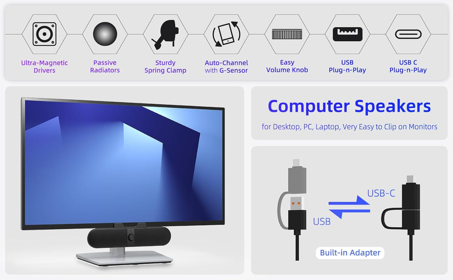XKX 5Ft Computer Speakers for Desktop PC, Monitor Speakers with Easy Volume Knob, Sturdy Clamp, Clear Sound, Decent