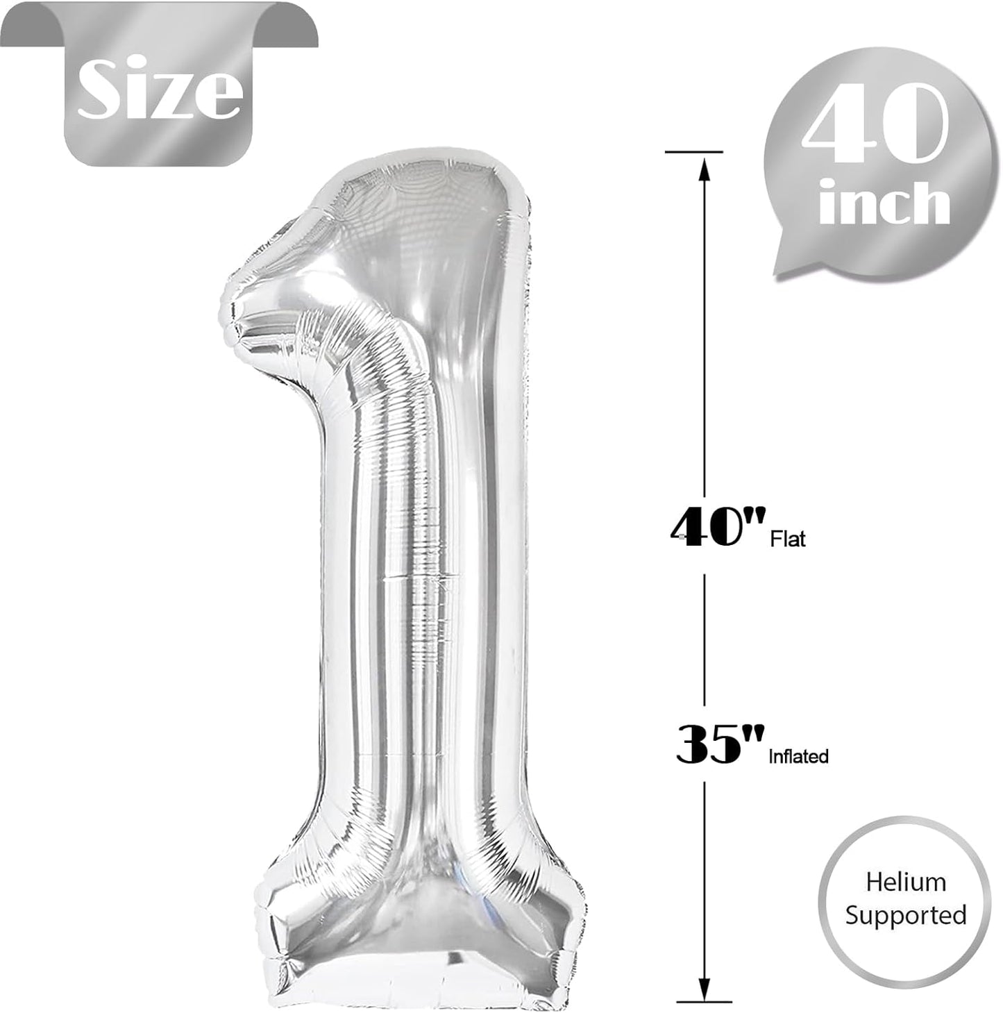 Silver Number 1 Balloon - 40 Inch First Birthday Decoration for Boys & Girls | Shiny Silver Party Supplies
