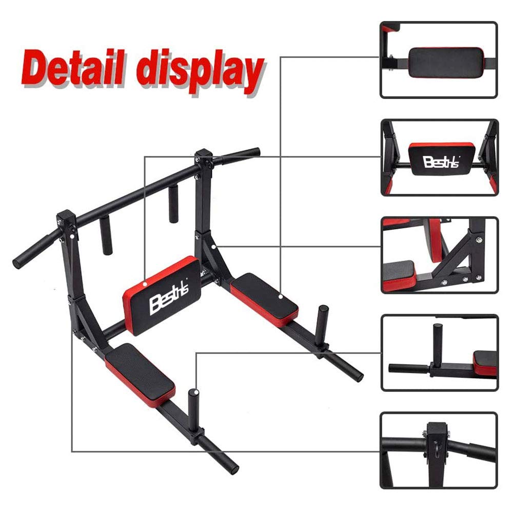 BESTHLS Wall Mounted Pull Up Bar and Dip Station, Heavy Duty Wall Mount Pull-up Chin Up Bar Multifunctional Home Gym Workout Indoor Exercise Equipment Support to 440 Lbs