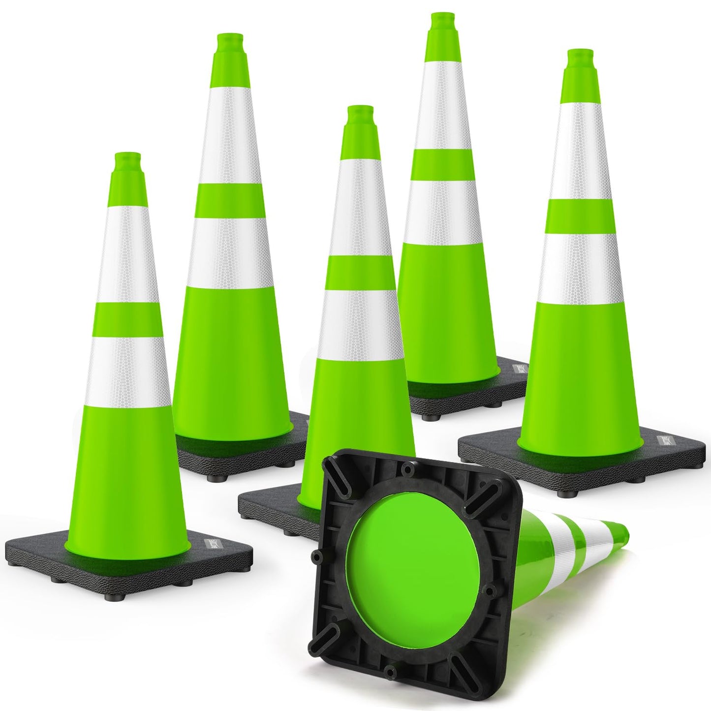 BATTIFE Traffic Cones with Black Weighted Base, PVC Safety Cones for Traffic Control, Construction Events, Driveways, and Parking Lots (28 Inch, Green, 6 Pack)