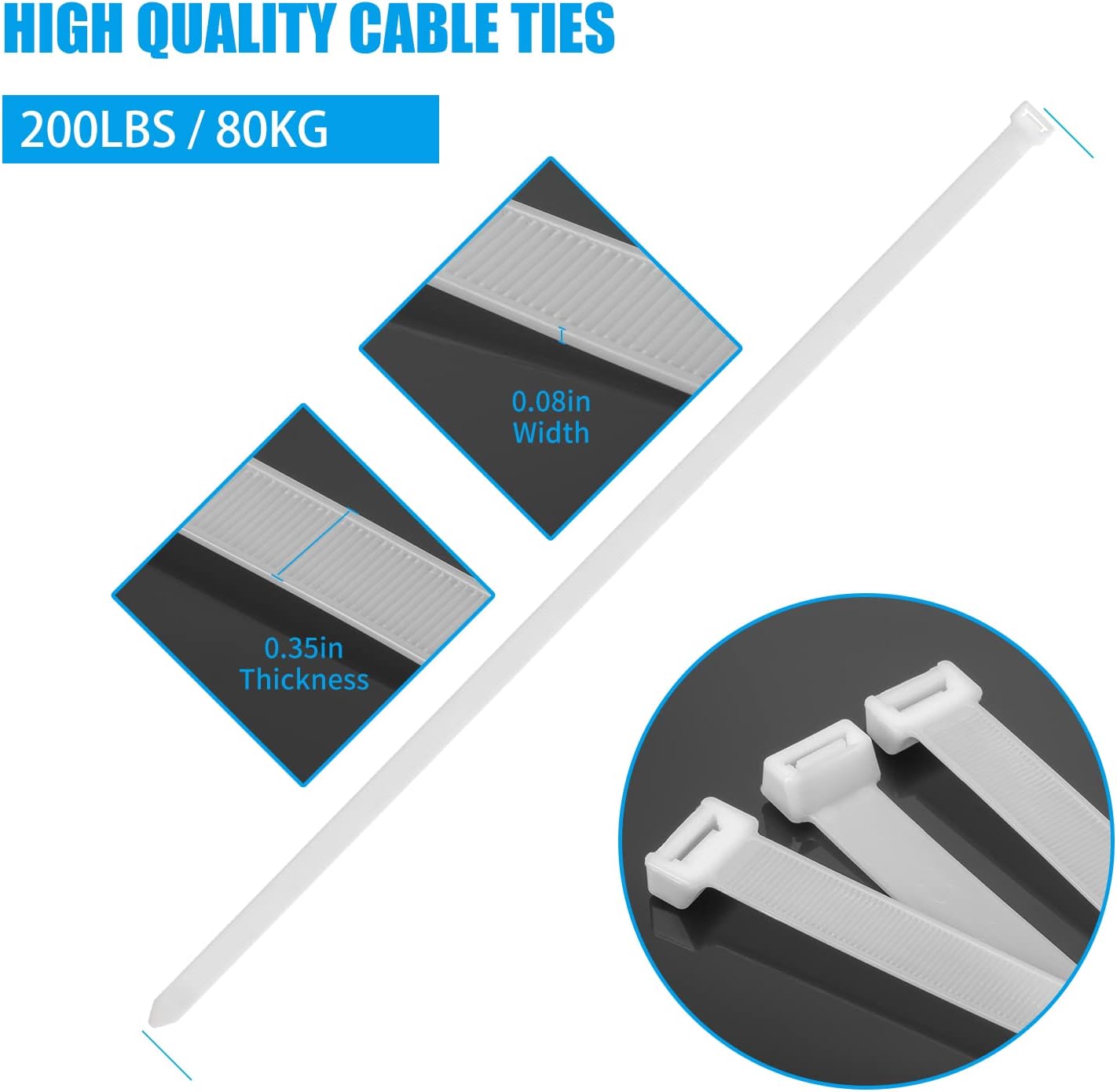 18 inch 100 PACK, 200 LBS Armpow White Zip Ties Heavy Duty Ultra Exclusive Strong Plastic Wire Ties, Large Cable Ties