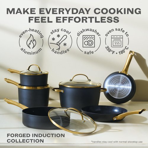Farberware Forged Induction Ceramic Nonstick Cookware Set - 12 Piece, Dishwasher Safe, Black & Gold