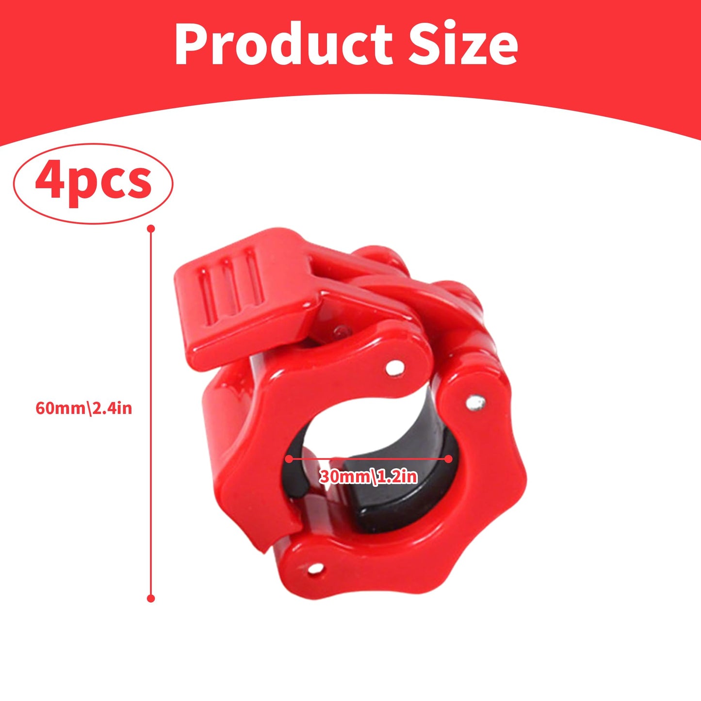 4 Pack Dumbbell Barbell Clamps 30mm, Quick Release Weight Bar Collars, Secure Locking Barbell Clips for Weightlifting, Workout, Strength Training & Fitness Accessories (Black+Red)