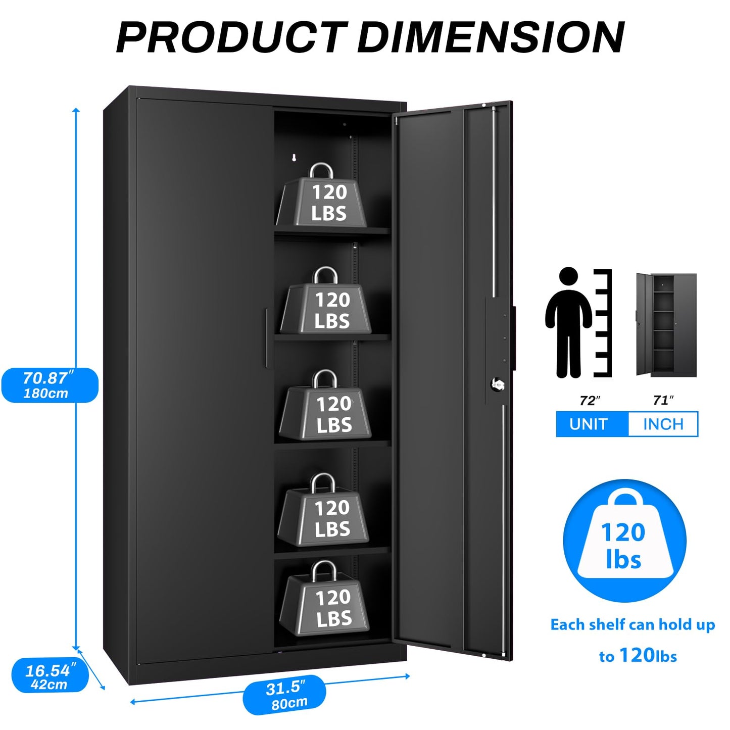 HOMOFFICE Metal Garage Storage Cabinet with Lock, 71" Tall Steel Storage Locker with 4 Adjustable Shelves, Heavy Duty Metal Cabinet for Garage, Office, Home, 31.5”W × 16.5”D, Black