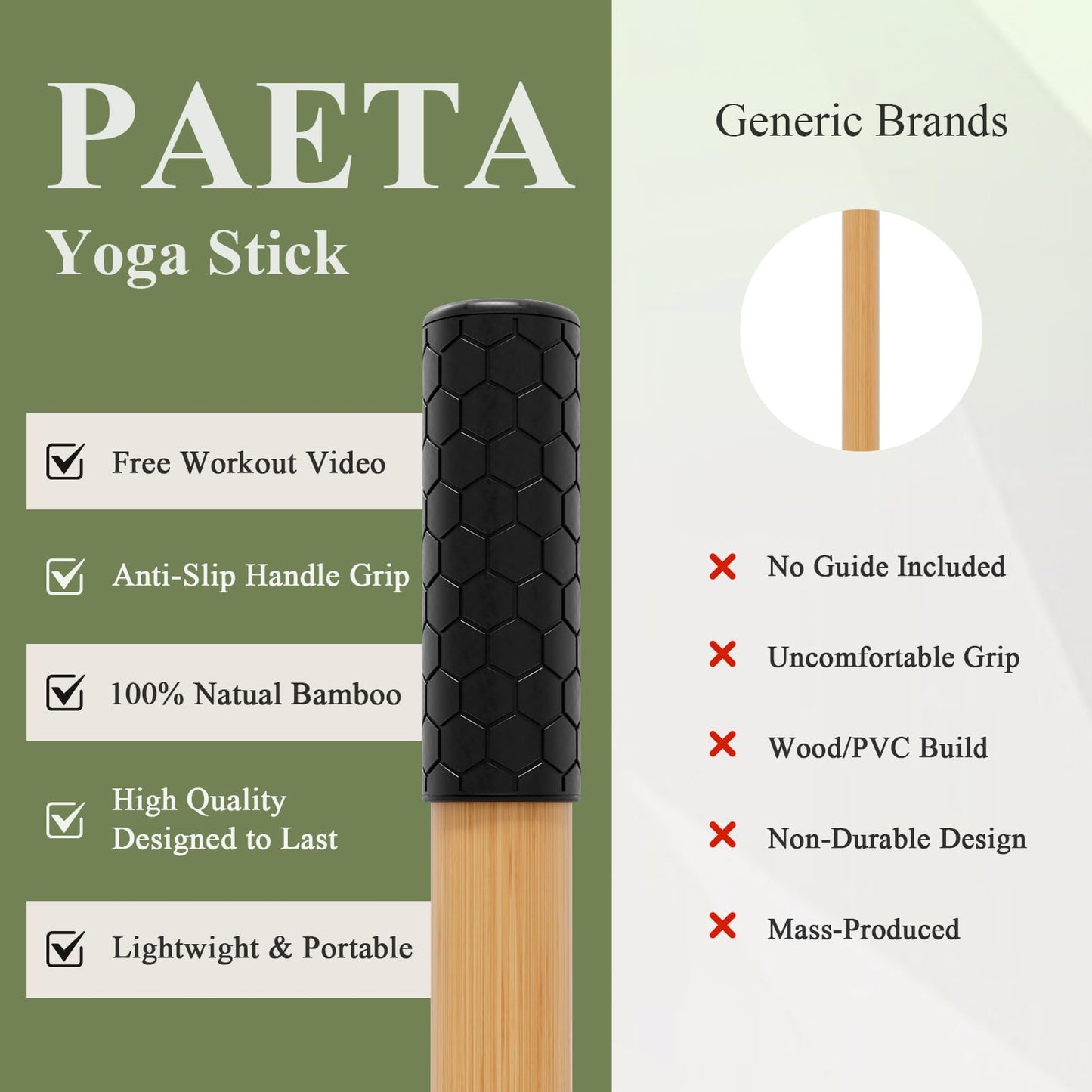 PAETA Yoga Stick for Stretching, 5ft Exercise Stick for Mobility & Flexibility, Bamboo Stretch Bar and Posture Pole with Non-Slip Grip - Includes Free Video Guide