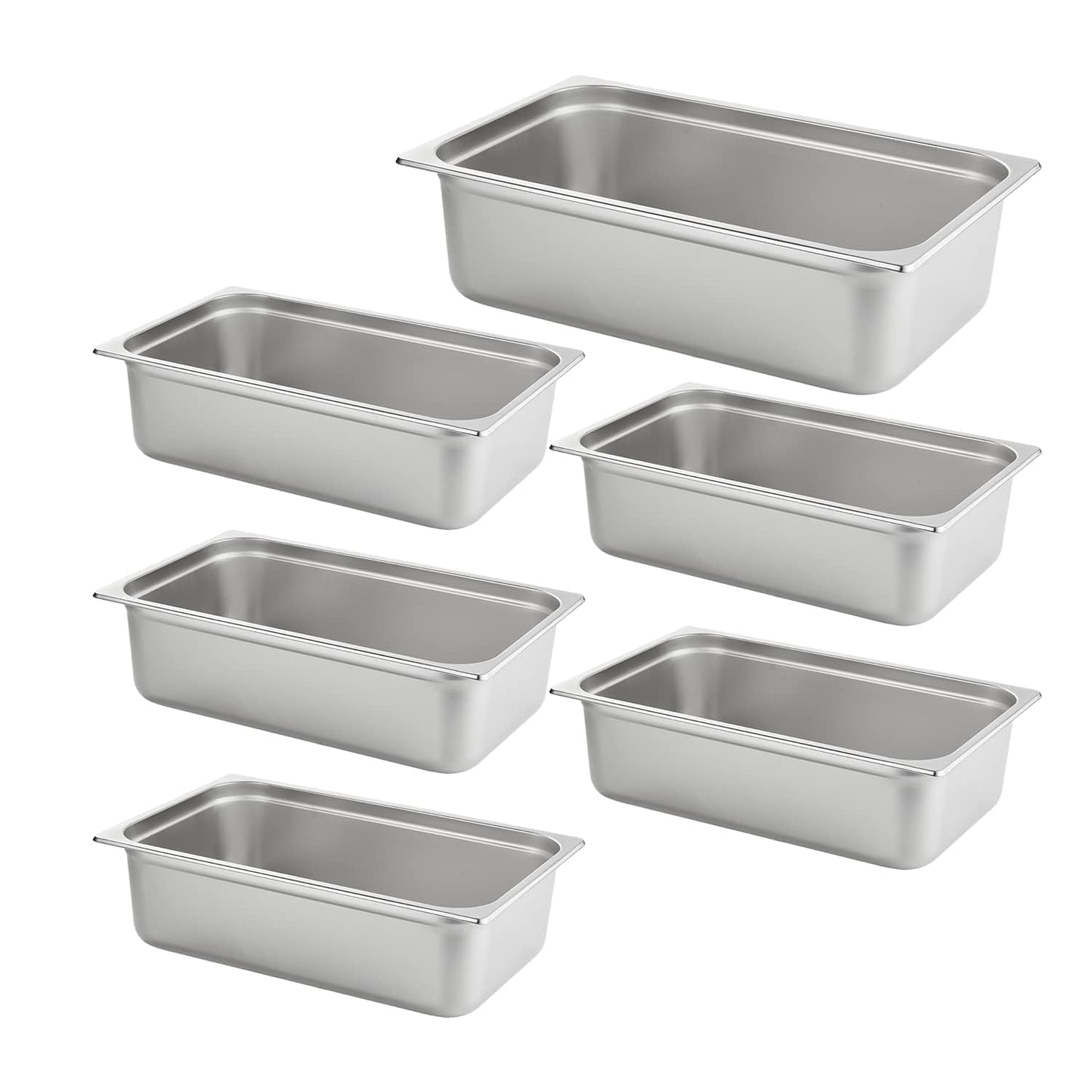 HECMAC 6 Pack Anti-Jam Hotel Pans, Full Size 6 Inch Deep, Commercial Stainless Steel Chafing Steam Table Pan, Catering Storage Metal Food Pan, 23 Gauge