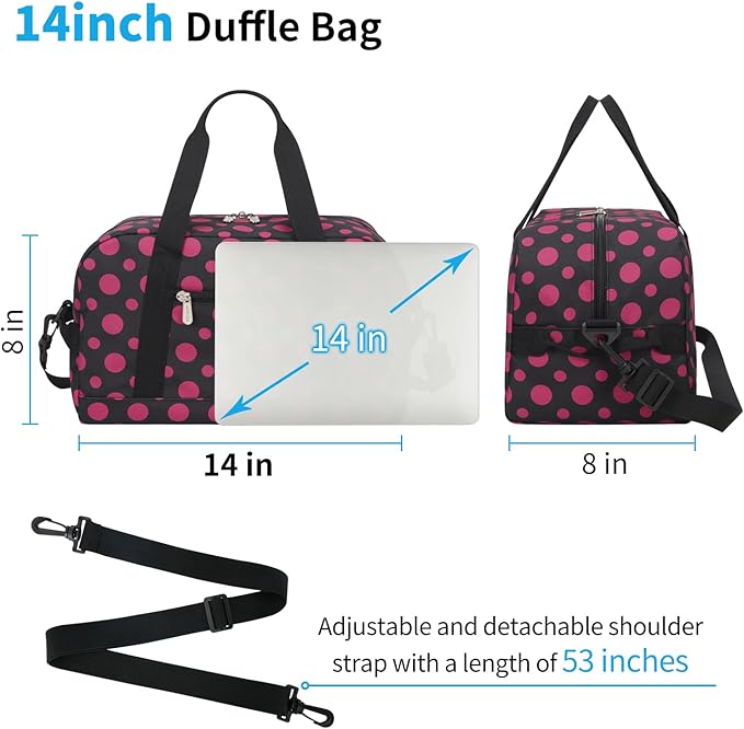 Small Gym Bag 14 inch lightweight Carry On Mini Duffel Bag for Travel Sport - Polka Dot Pink