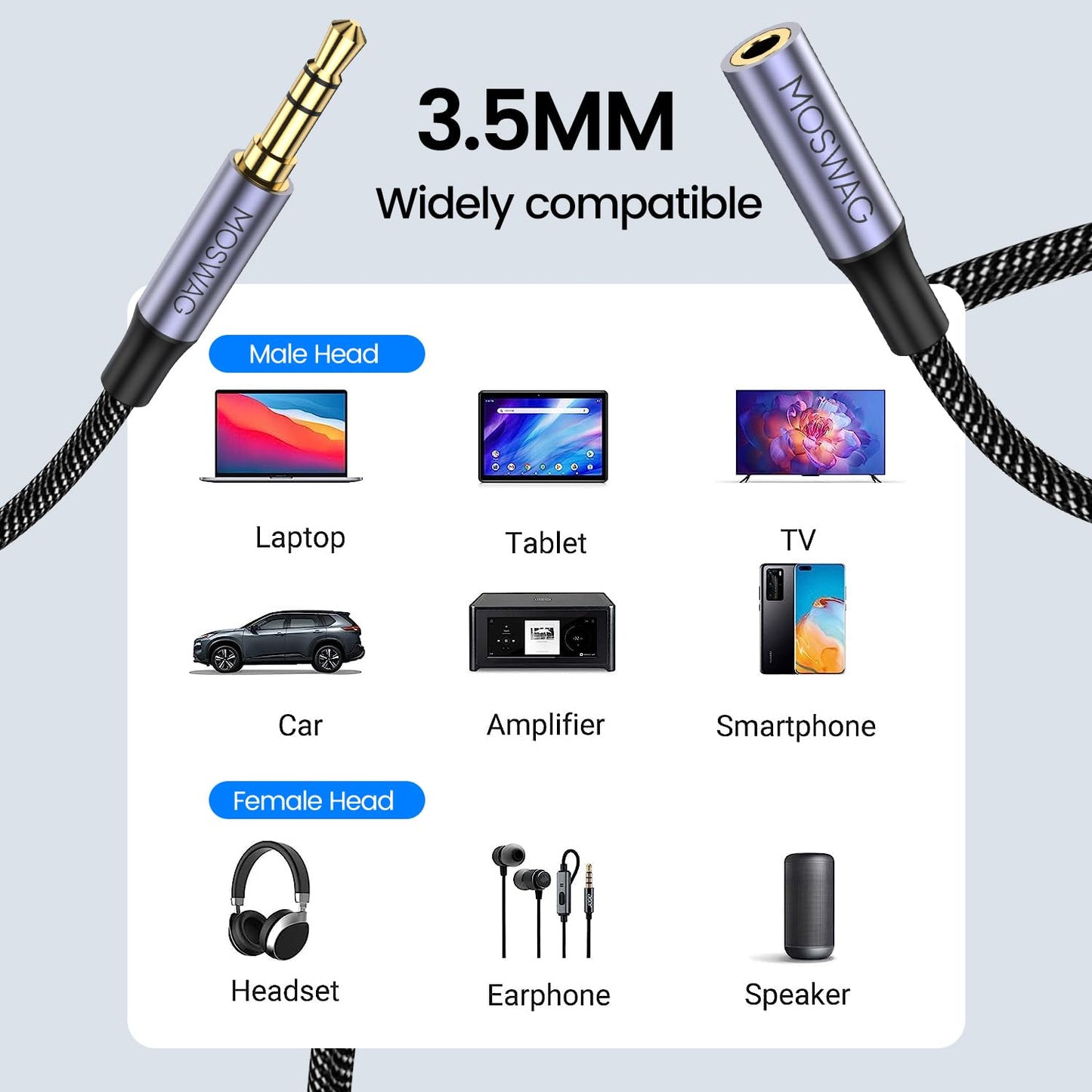 10FT/3Meter 3.5mm MOSWAG Extension Cable Audio Male to Female Stereo Extension Adapter Nylon Braided Cord Compatible