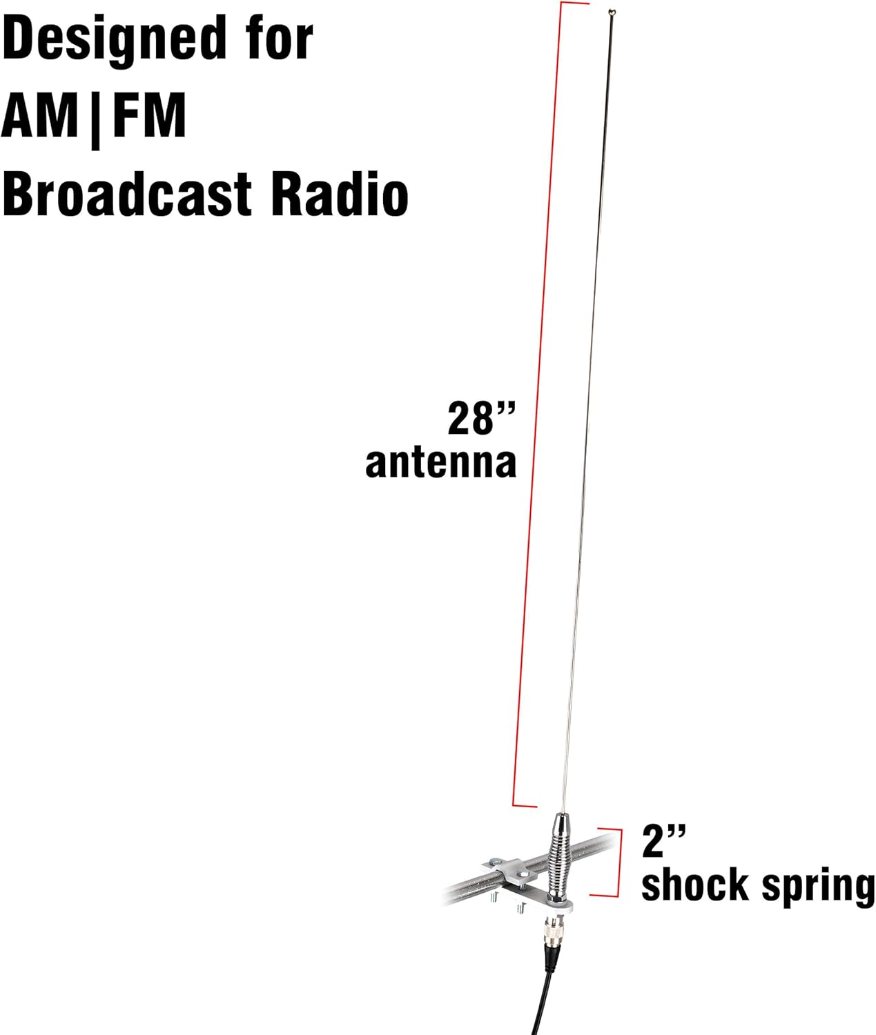 RoadPro (RP-557) 28" 2" AM/FM Mirror Mount Stainless Steel Antenna Kit with Shock Spring