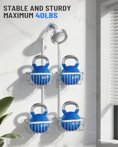MSAICOE Adjustable Shower Caddy Hanging for Handheld Showerheads - Never Rust Shower Hanging Organizer, Upgraded Bathroom Shower Rack with Soap Basket, Hooks and Toothbrush Holder (Silver)