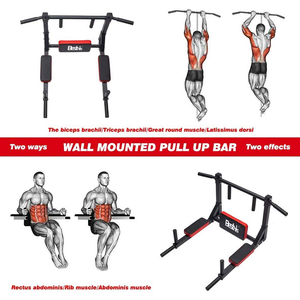 BESTHLS Wall Mounted Pull Up Bar and Dip Station, Heavy Duty Wall Mount Pull-up Chin Up Bar Multifunctional Home Gym Workout Indoor Exercise Equipment Support to 440 Lbs
