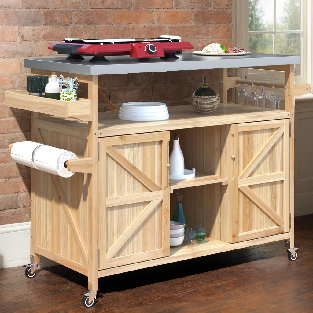 eodme Outdoor Cabinet for Patio Graden BBQ Grill Cart with Storage Cabinet, Home Rolling Kitchen Island Food Prep Table with Stainless Steel Top, Shelves, Spice Rack, Towel Rack(Natural Wood)