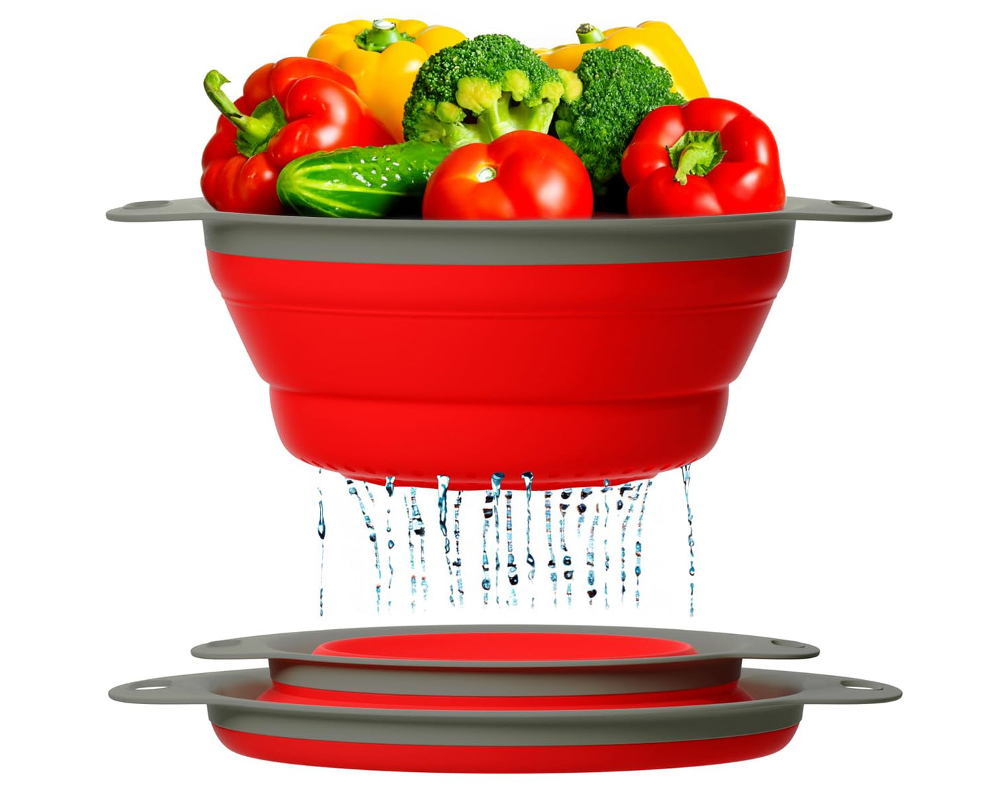 Comfify Ultimate Kitchen Strainers Set of 2 - Collapsible Silicone Colanders For Easy Storage - Use with Pasta & Veggies or as a Fruit or Berry Bowl with Strainer - Irreplaceable for Campers - Red