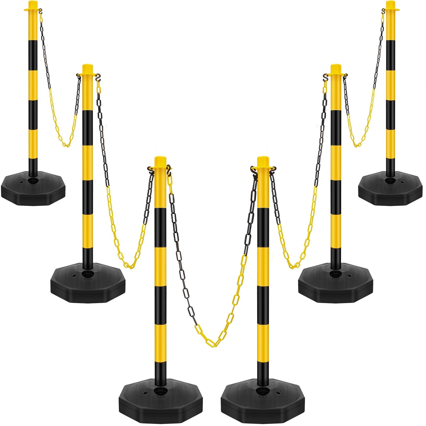 Konohan 6 Sets 34 Inch Parking Cone Delineators Post Traffic Cone Plastic Stanchion Set Stands Parking Barrier with Base 6.6 ft Chain S Hooks Reflective Collar (Yellow,Black)