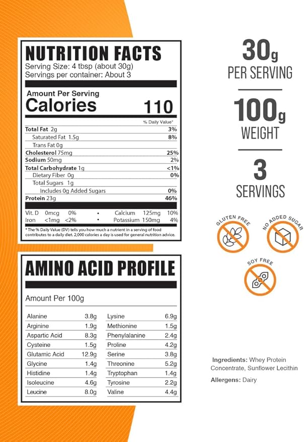 BulkSupplements.com Whey Protein Concentrate Powder - Whey Protein Powder Supplement, Unsweetened, Unflavored & Gluten Free, 30g per Serving, 100g (3.5 oz) (Pack of 1)
