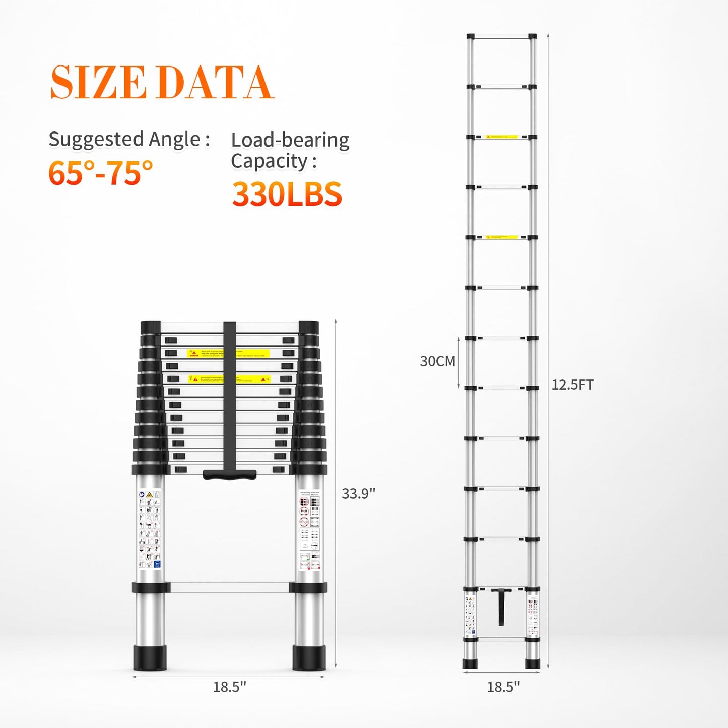 12.5FT Telescoping Ladder, 330lb Capacity Aluminum Heavy-Duty Extension Ladder with Anti-Slip Steps for Secure Attic Access, Roof, and Home Renovation Projects