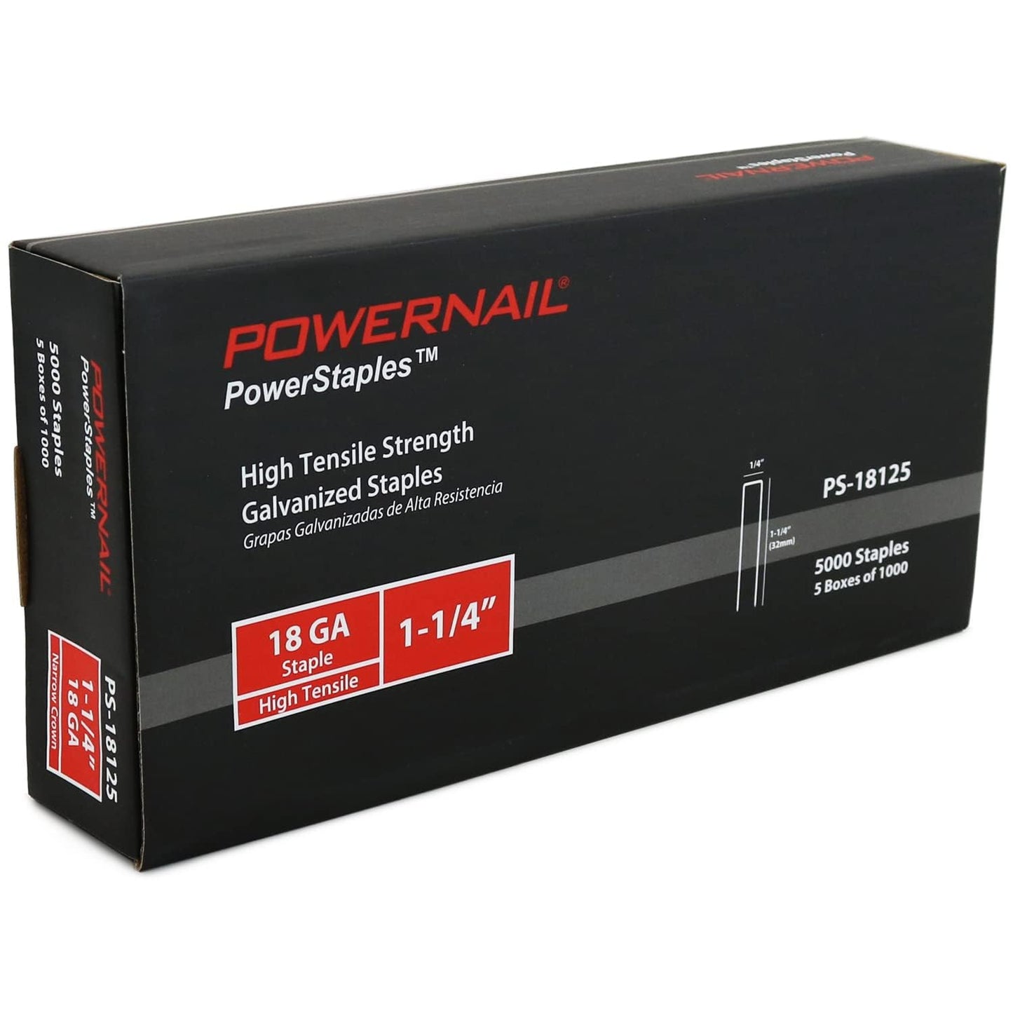 Powernail PS18125 18 Gauge 1/4 Inch Narrow Crown Staples, 1-1/4 Inch Length Heavy Duty Galvanized Chisel Point Staples for Electric or Pneumatic Narrow Crown Stapler Guns (Case, 6 Boxes of 5,000)